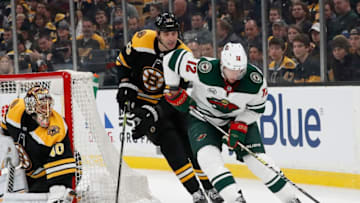 BOSTON, MA - JANUARY 08: Boston Bruins left defenseman Zdeno Chara (33) defends against Minnesota Wild center Eric Staal (12) during a game between the Boston Bruins and the Minnesota Wild on January 8, 2019, at TD Garden in Boston, Massachusetts. (Photo by Fred Kfoury III/Icon Sportswire via Getty Images)