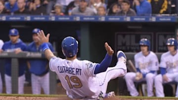 May 13, 2016; Kansas City, MO, USA; Kansas City Royals third baseman Cheslor Cuthbert (19) scores a run in the second inning against the Atlanta Braves at Kauffman Stadium. Mandatory Credit: Denny Medley-USA TODAY Sports