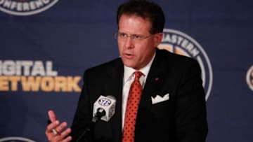 Jul 17, 2013; Hoover, AL, USA; Auburn Tigers head coach Gus Malzahn talks with the media during the 2013 SEC football media days at the Hyatt Regency. Mandatory Credit: Marvin Gentry-USA TODAY Sports