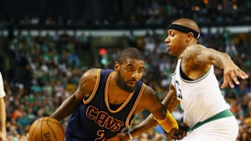 BOSTON, MA - MAY 19: Kyrie Irving #2 of the Cleveland Cavaliers drives to the basket against Isaiah Thomas #4 of the Boston Celtics in the second half during Game Two of the 2017 NBA Eastern Conference Finals at TD Garden on May 19, 2017 in Boston, Massachusetts. NOTE TO USER: User expressly acknowledges and agrees that, by downloading and or using this photograph, User is consenting to the terms and conditions of the Getty Images License Agreement. (Photo by Adam Glanzman/Getty Images)