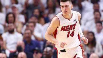 Tyler Herro #14 of the Miami Heat reacts against the Atlanta Hawks during (Photo by Michael Reaves/Getty Images)