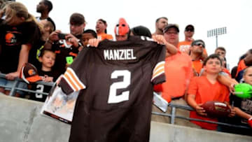 Aug 2, 2014; Akron, OH, USA; General view of a Cleveland Browns quarterback Johnny Manziel jersey after training camp at InfoCision Stadium Summa Field. Mandatory Credit: Andrew Weber-USA TODAY Sports