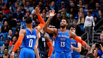 OKC Thunder, Russell Westbrook, Paul George (Photo by Fernando Medina/NBAE via Getty Images)