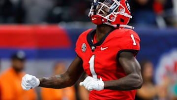 ATLANTA, GA - SEPTEMBER 03: Marcus Rosemy-Jacksaint #1 of the Georgia Bulldogs reacts after making a stop on the opening kickoff during the first half of the Chick-fil-A Kick-Off Game against the Oregon Ducks at Mercedes-Benz Stadium on September 3, 2022 in Atlanta, Georgia. (Photo by Todd Kirkland/Getty Images)