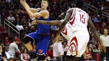 Nov 21, 2015; Houston, TX, USA; New York Knicks forward Kristaps Porzingis (6) shoots the ball during the third quarter against the Houston Rockets at Toyota Center. The Knicks defeated the Rockets 107-102. Mandatory Credit: Troy Taormina-USA TODAY Sports