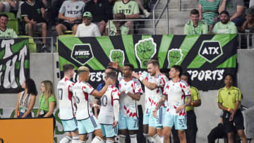 May 24, 2023; Austin, TX, USA; Chicago Fire players celebrate after a goal scored by defender Rafael Czichos (5) during the first half against Austin FC at Q2 Stadium. Mandatory Credit: Scott Wachter-USA TODAY Sports