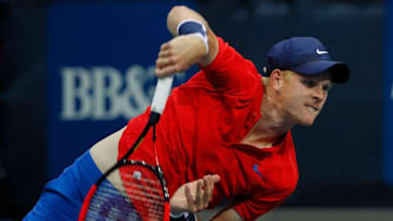 ATLANTA, GA - JULY 28: Kyle Edmund of Great Britain serves to Jack Sock during the BB