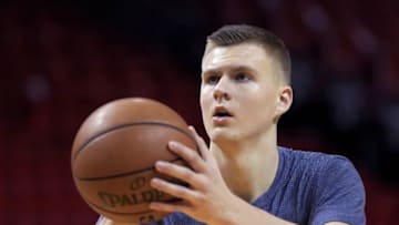 Jan 6, 2016; Miami, FL, USA; New York Knicks forward Kristaps Porzingis before a game against the Miami Heat at American Airlines Arena. Mandatory Credit: Robert Mayer-USA TODAY Sports