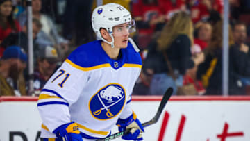Oct 20, 2022; Calgary, Alberta, CAN; Buffalo Sabres left wing Victor Olofsson (71) against the Calgary Flames during the second period at Scotiabank Saddledome. Mandatory Credit: Sergei Belski-USA TODAY Sports