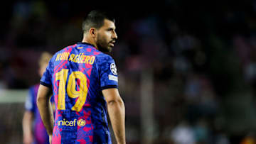 Barcelona's Sergio Kun Aguero during the Champions League match versus Dinamo Kiev at the Camp Nou on October 20, 2021 in Barcelona Spain (Photo by David S. Bustamante/Soccrates/Getty Images)