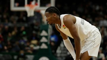 Shai Gilgeous-Alexander #2 of the Oklahoma City Thunder takes abreak during the second half of the game against the Milwaukee Bucks at Fiserv Forum on November 19, 2021 in Milwaukee, Wisconsin. Bucks defeated the Thunder 96-89. NOTE TO USER: User expressly acknowledges and agrees that, by downloading and or using this photograph, User is consenting to the terms and conditions of the Getty Images License Agreement. (Photo by John Fisher/Getty Images)