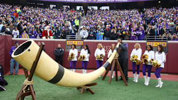 MINNEAPOLIS, MN - DECEMBER 6: Injured Vikings player Phil Loadholt blows the horn before the game against the Seattle Seahawks on December 6, 2015 at TCF Bank Stadium in Minneapolis, Minnesota. (Photo by Adam Bettcher/Getty Images)