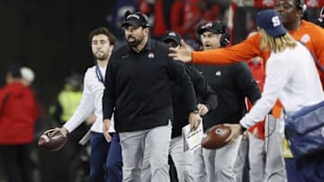Ohio State Buckeyes head coach Ryan Day yells from the sideline during the second quarter of the NCAA football game against the Penn State Nittany Lions at Ohio Stadium in Columbus on Saturday, Oct. 30, 2021.Penn State At Ohio State Football