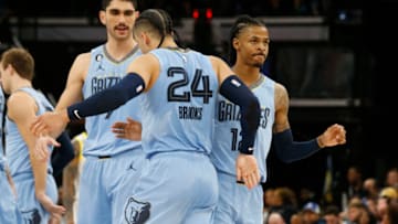 Memphis Grizzlies guard Ja Morant (12) forward Dillon Brooks (24)-Mandatory Credit: Petre Thomas-USA TODAY Sports
