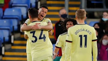 Arsenal's Brazilian striker Gabriel Martinelli (2nd L) celebrates with teammates after scoring their second goal during the English Premier League football match between Crystal Palace and Arsenal at Selhurst Park in south London on May 19, 2021. - RESTRICTED TO EDITORIAL USE. No use with unauthorized audio, video, data, fixture lists, club/league logos or 'live' services. Online in-match use limited to 120 images. An additional 40 images may be used in extra time. No video emulation. Social media in-match use limited to 120 images. An additional 40 images may be used in extra time. No use in betting publications, games or single club/league/player publications. (Photo by Frank Augstein / POOL / AFP) / RESTRICTED TO EDITORIAL USE. No use with unauthorized audio, video, data, fixture lists, club/league logos or 'live' services. Online in-match use limited to 120 images. An additional 40 images may be used in extra time. No video emulation. Social media in-match use limited to 120 images. An additional 40 images may be used in extra time. No use in betting publications, games or single club/league/player publications. / RESTRICTED TO EDITORIAL USE. No use with unauthorized audio, video, data, fixture lists, club/league logos or 'live' services. Online in-match use limited to 120 images. An additional 40 images may be used in extra time. No video emulation. Social media in-match use limited to 120 images. An additional 40 images may be used in extra time. No use in betting publications, games or single club/league/player publications. (Photo by FRANK AUGSTEIN/POOL/AFP via Getty Images)