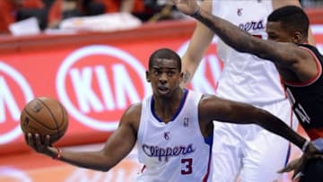 Oct 18, 2013; Los Angeles, CA, USA; Portland Trail Blazers power forward Thomas Robinson (41) guards Los Angeles Clippers point guard Chris Paul (3) in the first quarter of the game at the Staples Center. Mandatory Credit: Jayne Kamin-Oncea-USA TODAY Sports