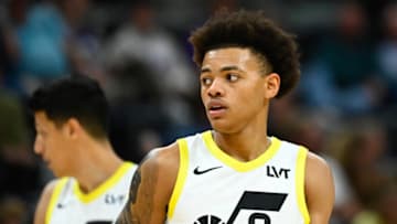 SALT LAKE CITY, UTAH - OCTOBER 14: Keyonte George #3 of the Utah Jazz in action during the second half of a preseason NBA game against the Portland Trail Blazers at Delta Center on October 14, 2023 in Salt Lake City, Utah. NOTE TO USER: User expressly acknowledges and agrees that, by downloading and or using this photograph, User is consenting to the terms and conditions of the Getty Images License Agreement. (Photo by Alex Goodlett/Getty Images)