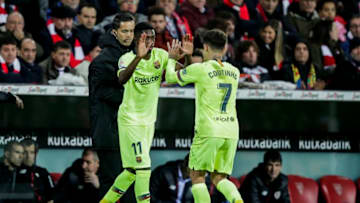 BILBAO, SPAIN - FEBRUARY 10: (L-R) Ousmane Dembele of FC Barcelona, Philippe Coutinho of FC Barcelona during the La Liga Santander match between Athletic de Bilbao v FC Barcelona at the Estadio San Mames on February 10, 2019 in Bilbao Spain (Photo by David S. Bustamante/Soccrates/Getty Images)