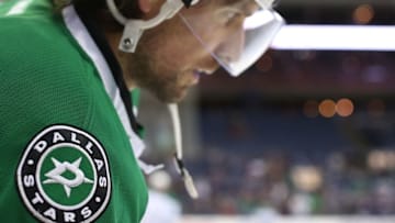 Dec 29, 2015; Columbus, OH, USA; A detailed view of the Dallas Stars logo on the jersey of left wing Patrick Sharp (10) against the Columbus Blue Jackets at Nationwide Arena. The Jackets won 6-3. Mandatory Credit: Aaron Doster-USA TODAY Sports