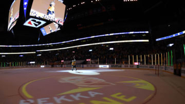May 10, 2021; Nashville, Tennessee, USA; Nashville Predators goaltender Pekka Rinne (35) celebrates with teammates after a shutout win in what could be his final home game as a starter against the Carolina Hurricanes at Bridgestone Arena. Mandatory Credit: Christopher Hanewinckel-USA TODAY Sports