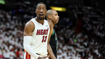 Bam Adebayo #13 of the Miami Heat reacts to a call against the Boston Celtics(Photo by Andy Lyons/Getty Images)