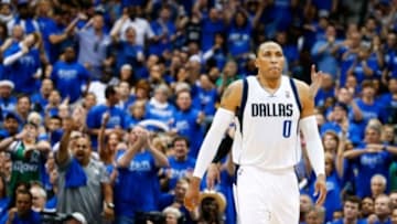 Apr 26, 2014; Dallas, TX, USA; Dallas Mavericks forward Shawn Marion (0) reacts during the game against the San Antonio Spurs in game three of the first round of the 2014 NBA Playoffs at American Airlines Center. Dallas won 109-108. Mandatory Credit: Kevin Jairaj-USA TODAY Sports