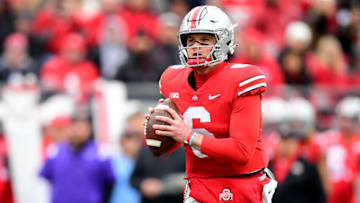 COLUMBUS, OHIO - NOVEMBER 20: Kyle McCord #6 of the Ohio State Buckeyes drops back to pass during the second half of a game against the Michigan State Spartans at Ohio Stadium on November 20, 2021 in Columbus, Ohio. (Photo by Emilee Chinn/Getty Images)
