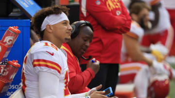 INDIANAPOLIS, INDIANA - SEPTEMBER 25: Patrick Mahomes #15 of the Kansas City Chiefs sits on the bench during the second half of the game against the Indianapolis Colts at Lucas Oil Stadium on September 25, 2022 in Indianapolis, Indiana. (Photo by Justin Casterline/Getty Images)