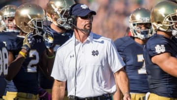 Oct 11, 2014; South Bend, IN, USA; Notre Dame Fighting Irish defensive coordinator Brian VanGorder watches from the sideline in the first quarter against the North Carolina Tar Heels at Notre Dame Stadium. Notre Dame won 50-43. Mandatory Credit: Matt Cashore-USA TODAY Sports