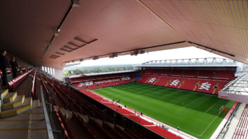 The pitch is pictured from Liverpool Football Club's new main stand, during a media tour at Anfield stadium in Liverpool, north-west England, on September 9, 2016. / AFP / PAUL ELLIS (Photo credit should read PAUL ELLIS/AFP/Getty Images)