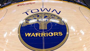 OAKLAND, CA - JANUARY 27: A detailed view of the "The Town" logo for the Golden State Warriors at center court prior to the start of an NBA basketball game between the Warriors and Boston Celtics at ORACLE Arena on January 27, 2018 in Oakland, California. NOTE TO USER: User expressly acknowledges and agrees that, by downloading and or using this photograph, User is consenting to the terms and conditions of the Getty Images License Agreement. (Photo by Thearon W. Henderson/Getty Images)