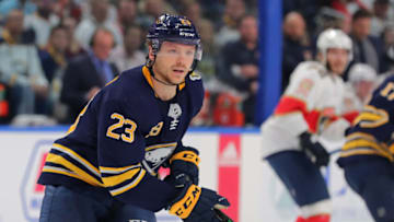 Oct 11, 2019; Buffalo, NY, USA; Buffalo Sabres center Sam Reinhart (23) against the Florida Panthers at KeyBank Center. Mandatory Credit: Timothy T. Ludwig-USA TODAY Sports