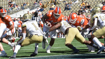 Oct 17, 2020; Atlanta, GA, USA; Clemson defensive tackle Nyles Pinckney (44) breaks away for a touchdown during the first half of an NCAA college football game against the Georgia Tech Yellow Jackets at Bobby Dodd Stadium. Mandatory Credit: Hyosub Shin/Pool Photo-USA TODAY Sports