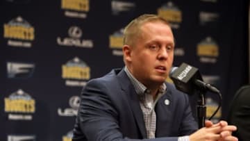 Sep 28, 2015; Denver, CO, USA; Denver Nuggets general manager Tim Connelly answers questions during a press conference during the media day at Pepsi Center. Mandatory Credit: Chris Humphreys-USA TODAY Sports