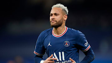 MADRID, SPAIN - MARCH 09: Neymar Jr of Paris Saint-Germain looks on during the UEFA Champions League Round Of Sixteen Leg Two match between Real Madrid and Paris Saint-Germain at Estadio Santiago Bernabeu on March 09, 2022 in Madrid, Spain. (Photo by Silvestre Szpylma/Quality Sport Images/Getty Images)