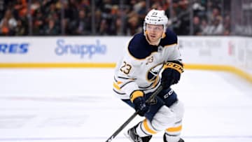 ANAHEIM, CA - OCTOBER 21: Sam Reinhart #23 of the Buffalo Sabres looks up with the puck during the game against the Anaheim Ducks at Honda Center on October 21, 2018 in Anaheim, California. (Photo by Harry How/Getty Images)