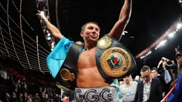 Nov 2, 2013; New York, NY, USA; Gennady Golovkin celebrates his victory over Curtis Stevens after their middleweight world championship bout at The Theater at Madison Square Garden. Golovkin won after the fight was stopped after the eighth round. Mandatory Credit: Joe Camporeale-USA TODAY Sports