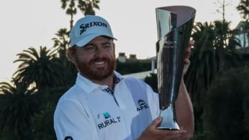 PACIFIC PALISADES, CA - FEBRUARY 17: J.B. Holmes poses with the tournament trophy after the final round of Genesis Open on February 17, 2019, at the Riviera Country Club in Pacific Palisades, CA. (Photo by Icon Sportswire)