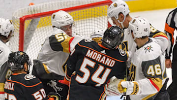 IRVINE, CA - SEPTEMBER 10: The Golden Knights"u2019 Dylan Coghlan (52) takes a swing at the Ducks"u2019 Antonine Morand (54) during their game in the 2019 Anaheim Rookie Face Off at the Great Park Ice & Fivepoint Arena in Irvine, CA, on Tuesday, Sep 10, 2019. (Photo by Jeff Gritchen/MediaNews Group/Orange County Register via Getty Images)
