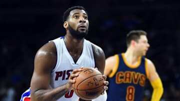 Apr 22, 2016; Auburn Hills, MI, USA; Detroit Pistons center Andre Drummond (0) shoots a free throw during the second quarter against the Cleveland Cavaliers in game three of the first round of the NBA Playoffs at The Palace of Auburn Hills. Mandatory Credit: Tim Fuller-USA TODAY Sports