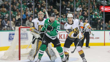 DALLAS, TX - DECEMBER 09: Dallas Stars Winger Devin Shore (17) and Vegas Golden Knights Defenceman Colin Miller (6) watch the puck during the game between the Dallas Stars and Vegas Golden Knights on December 9, 2017 at the American Airlines Center in Dallas, TX. (Photo by George Walker/Icon Sportswire via Getty Images)