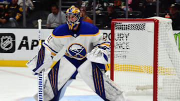 Oct 28, 2021; Anaheim, California, USA; Buffalo Sabres goaltender Craig Anderson (41) defends the goal against the Anaheim Ducks during the second period at Honda Center. Mandatory Credit: Gary A. Vasquez-USA TODAY Sports