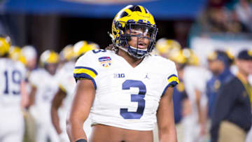 MIAMI GARDENS, FL - DECEMBER 30: Michigan Wolverines Defensive End Rashan Gary (3) before the start of the NCAA Capital One Orange Bowl football game between the Michigan Wolverines and the Florida State Seminoles on December 30, 2016, at the Hard Rock Stadium in Miami Gardens, FL (Photo by Doug Murray/Icon Sportswire via Getty Images)