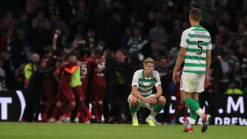 GLASGOW, SCOTLAND - AUGUST 13: Kristoffer Ajer of Celtic reacts at full time during the UEFA Champions League, third qualifying round, second leg match between Celtic and CFR Cluj at Celtic Park on August 13, 2019 in Glasgow, Scotland. (Photo by Ian MacNicol/Getty Images)