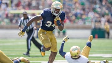Apr 16, 2016; South Bend, IN, USA; Notre Dame Fighting Irish running back Dexter Williams (34) runs for a touchdown in the first quarter of the Blue-Gold Game at Notre Dame Stadium. Mandatory Credit: Matt Cashore-USA TODAY Sports