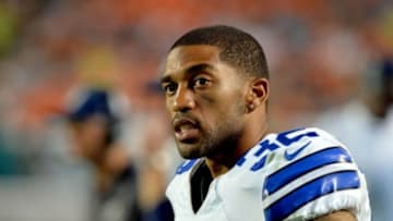 Aug 23, 2014; Miami Gardens, FL, USA; Dallas Cowboys cornerback Orlando Scandrick (32) against the Miami Dolphins during their game at Sun Life Stadium. Mandatory Credit: Steve Mitchell-USA TODAY Sports