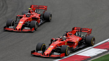 SHANGHAI, CHINA - APRIL 14: Sebastian Vettel of Germany driving the (5) Scuderia Ferrari SF90 leads Charles Leclerc of Monaco driving the (16) Scuderia Ferrari SF90 on track during the F1 Grand Prix of China at Shanghai International Circuit on April 14, 2019 in Shanghai, China. (Photo by Charles Coates/Getty Images)