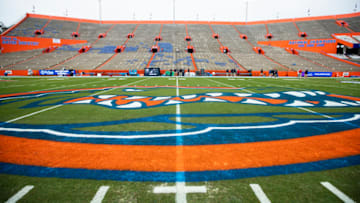 GAINESVILLE, FLORIDA - NOVEMBER 13: A detail view of the Florida Gators logo before the start of a game between the Florida Gators and the Samford Bulldogs at Ben Hill Griffin Stadium on November 13, 2021 in Gainesville, Florida. (Photo by James Gilbert/Getty Images)