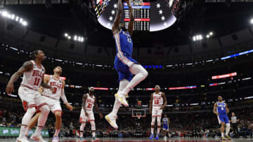 Joel Embiid in win over the Chicago Bulls (Photo by Quinn Harris/Getty Images)