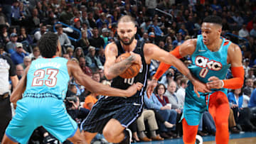 Evan Fournier OKC Thunder, trade deadline series (Photo by Zach Beeker/NBAE via Getty Images)